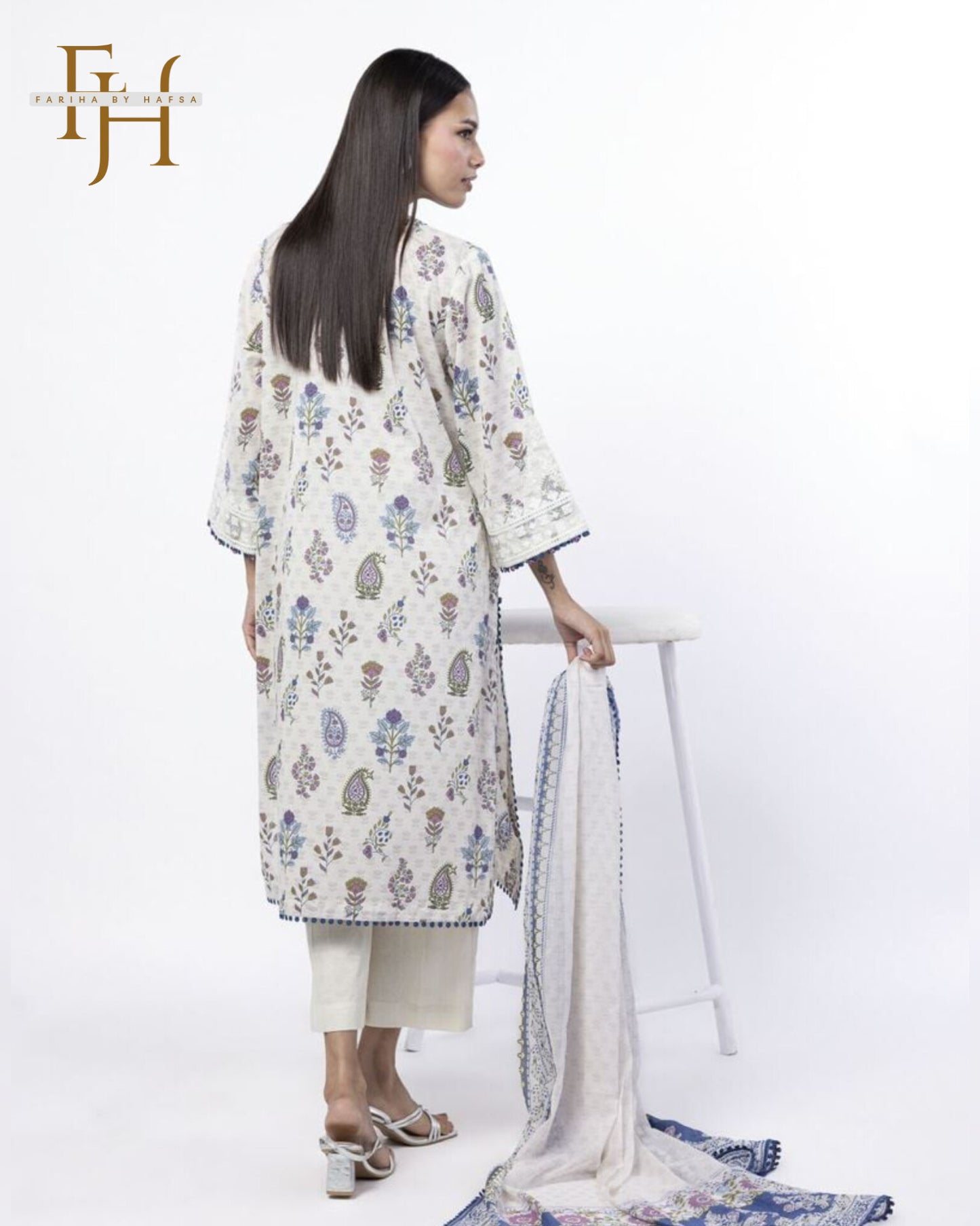 Stitched 3-Piece Lawn Suit – Embroidered White with Blue | Casual Wear by Fariha by Hafsa
