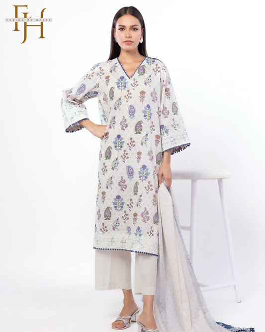 Stitched 3-Piece Lawn Suit – Embroidered White with Blue | Casual Wear by Fariha by Hafsa