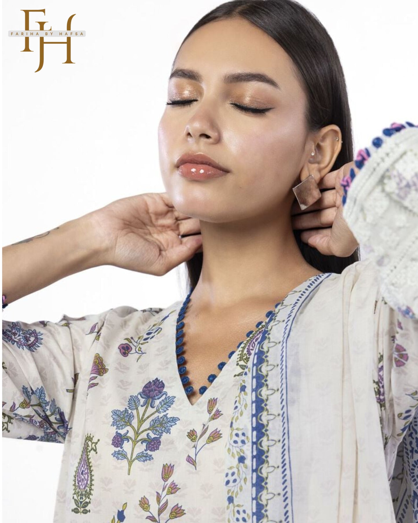Stitched 3-Piece Lawn Suit – Embroidered White with Blue | Casual Wear by Fariha by Hafsa
