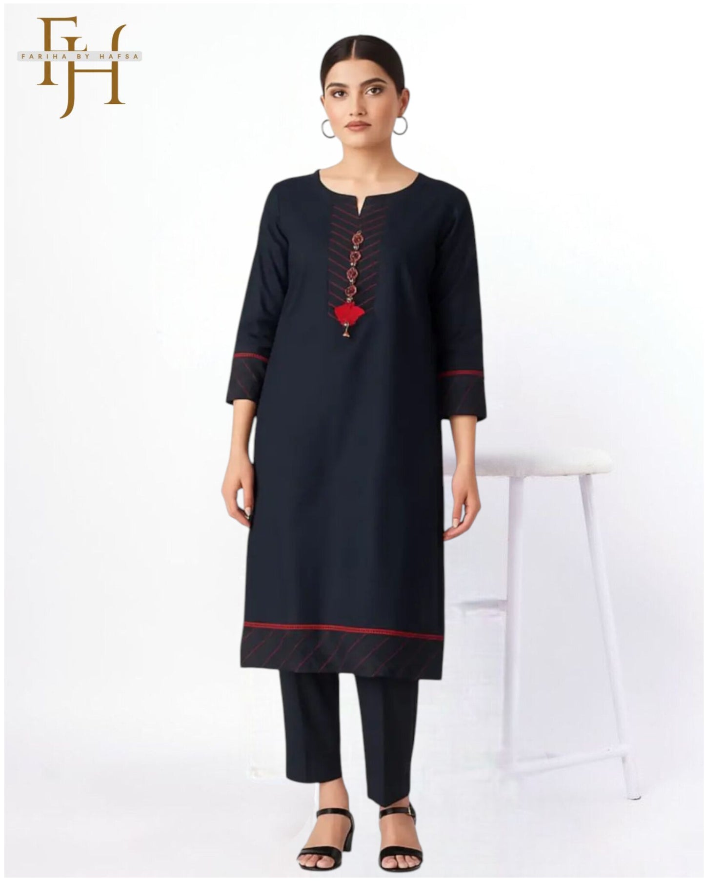 Black Stitched 2 Piece Embroidered Suit for Women by Fariha By Hafsa