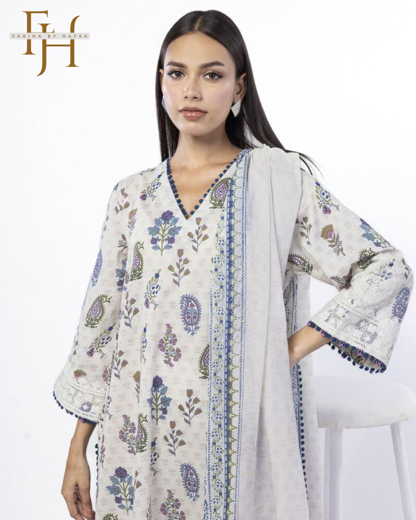 Stitched 3-Piece Lawn Suit – Embroidered White with Blue | Casual Wear by Fariha by Hafsa
