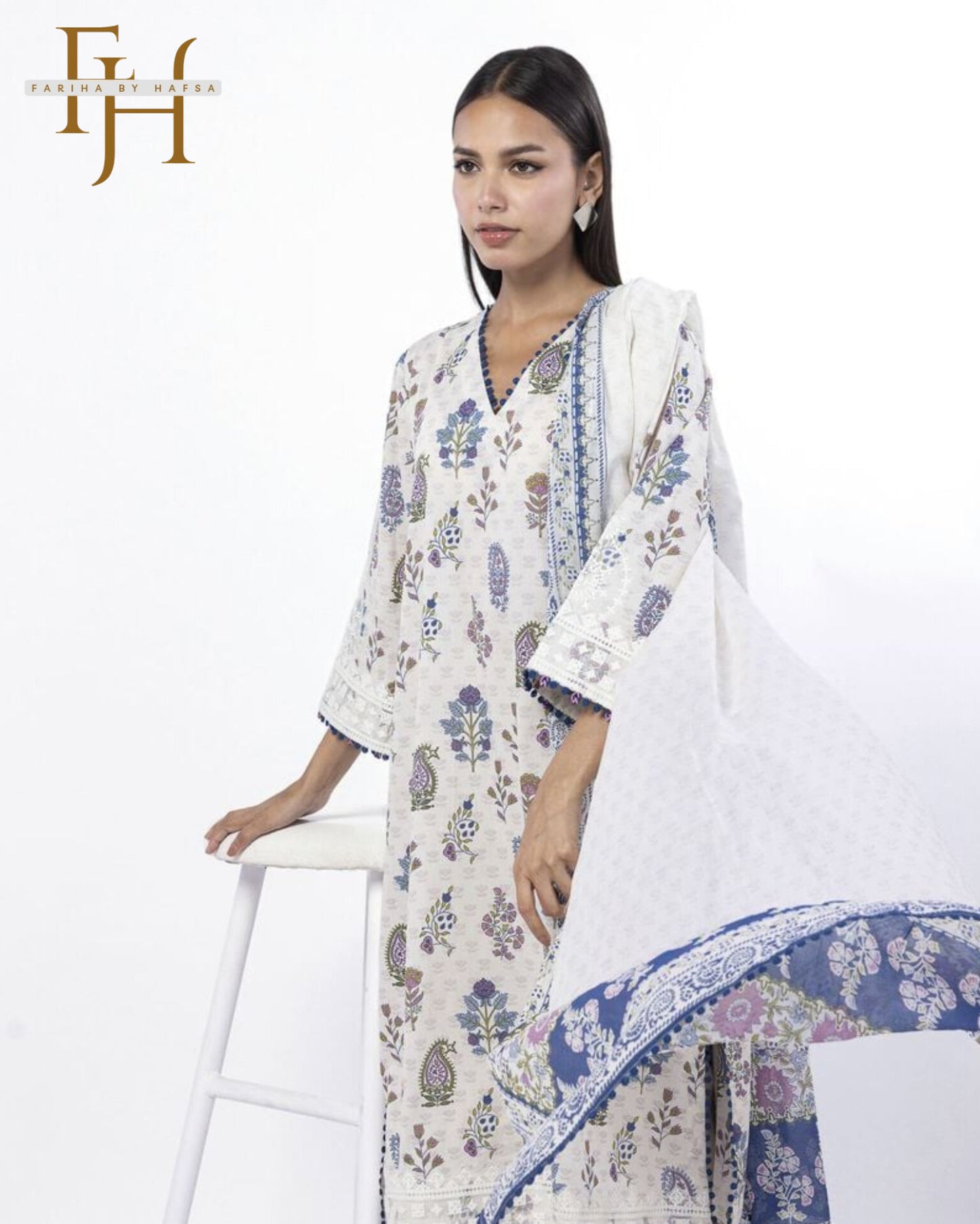 Stitched 3-Piece Lawn Suit – Embroidered White with Blue | Casual Wear by Fariha by Hafsa